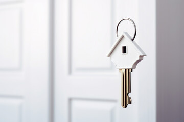 Key shaped house on background of white door to new home. Mortgage, investment, rent, real estate, property concept