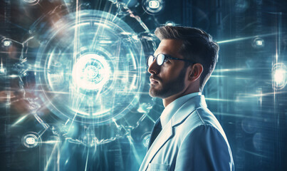 Male doctor in optical clinic uses futuristic diagnostic equipment and performs advanced eye examination in virtual reality with the help of artificial intelligence.