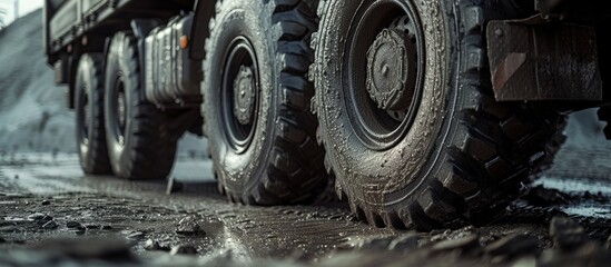 Captivating Side View of a Truck - Emphasizing Wheel Details and Showcasing Vehicle Power in a Well-Composed Photograph - obrazy, fototapety, plakaty