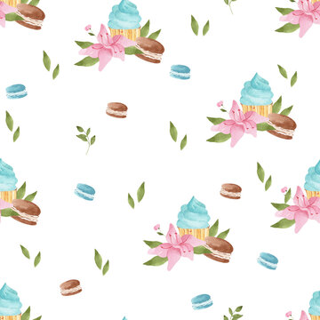 Seamless pattern of floral bouquet with cake and macaroon. Surface food design for menu, wedding template invitations. Watercolor hand drawn png illustration
