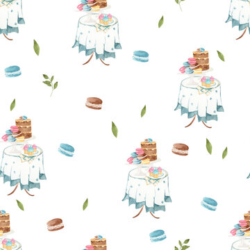 Seamless pattern of table with tablecloth, tray of cake and macaroons. Watercolor surface design of dessert food, hand drawn illustration on png background. 