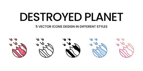 Destroyed Planet Icon Design in Five style with Editable Stroke. Line, Solid, Flat Line, Duo Tone Color, and Color Gradient Line. Suitable for Web Page, Mobile App, UI, UX and GUI design.