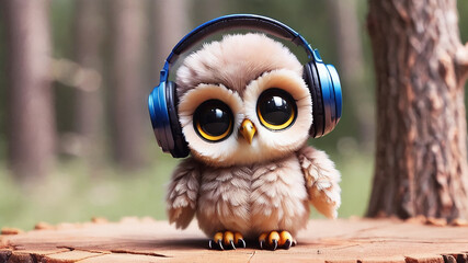 A cute baby owl in the forest with a blue headset