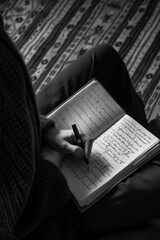 Inspirierter Schriftsteller in zeitlosem Moment der Kreativität und Reflexion mit klassischem Schwarz-Weiß-Hintergrund