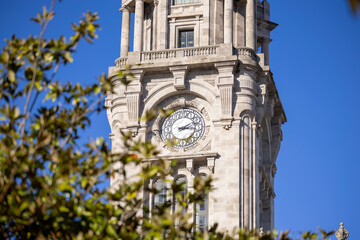 Detail of the clock tower in the city hall of Porto. City center of Porto in Portugal