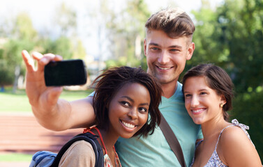 University, friends and students for selfie at college for learning, studying together and knowledge. Education, school and happy man and women take picture for social media, online post and bonding