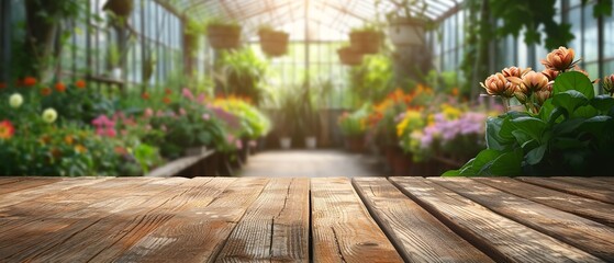 Backdrop of a woolly greenhouse with an unoccupied wooden table with  a big copy space, Generative AI.