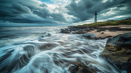 A lone lighthouse standing guard at the edge of a rugged beach with waves crashing against the rocks.