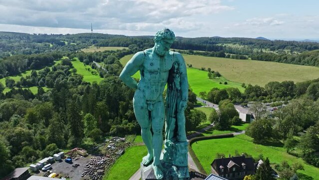 Aerial drone view of Hercules monument . It is located in the Bergpark Wilhelmsh&ouml;he in Kassel , northern Hesse, Germany.