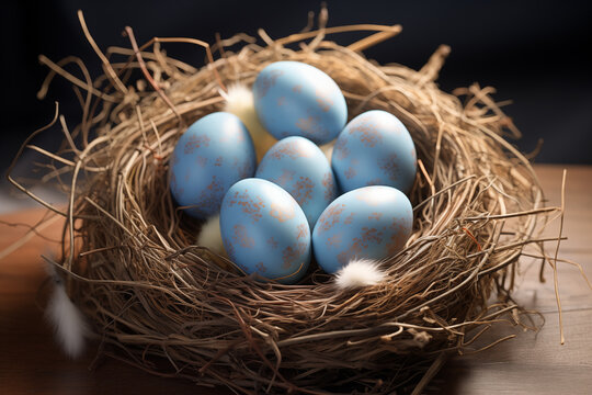 Blue Easter eggs with golden flecks in rustic straw nest. Easter greeting card