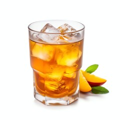 a glass of peach tea with ice cubes, studio light , isolated on white background
