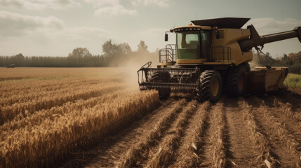 Obraz premium A combine harvesting wheat in a field during a summer sunset. Created with AI.