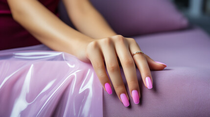 Obraz na płótnie Canvas wide manicure banner background image with beautiful fingers of a lady hand with polished hot pink color nails and smooth skin color 