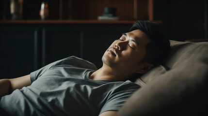 Obraz premium Asian man napping on sofa with snoring take a nap daydreaming in living rooms snoring Medical care Sleep health man sleep at home Sleep rest tired father dad day Apnea