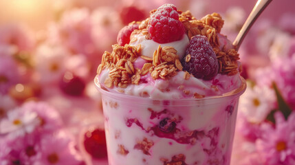 A delightful yogurt parfait layered with granola and fresh berries basked in the soft glow of morning light. - obrazy, fototapety, plakaty