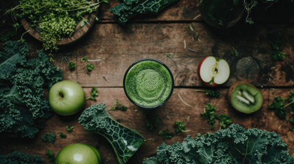 A top view of a green smoothie surrounded by fresh kale, spinach, apple, and herbs on a wooden background.	