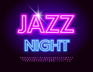 Vector neon Banner Jazz Night. Bright Glowing Font. Modern Electric Alphabet Letters and Numbers.