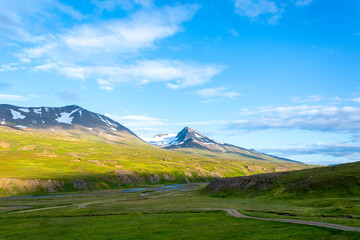 Icelandic summer landscape with green meadow, mountains and blue sky