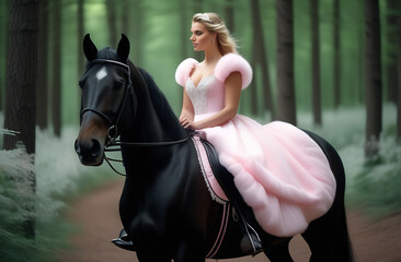 Obraz premium A blonde woman in a pink dress rides a white horse in a field.