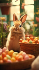 Fototapeta na wymiar Cute bunny stands among baskets full of colorful Easter eggs. Easter greeting card, phone wallpaper