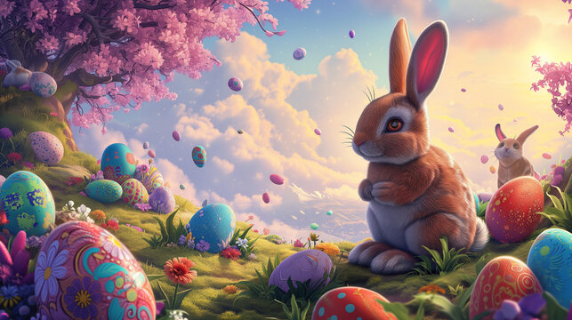 Easter Bunny with Easter Eggs, Sunshine Copy Space and Cherry Blossom. Easter 2024