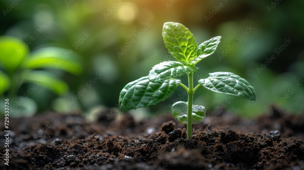 Poster Close up green seedling growing on fertile soil with blurred nature background. Generative AI