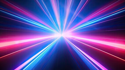 Obraz premium Speed light pink and blue smart modern city and skyscrapers town with neon futuristic technology background, future virtual reality, motion effect glowing, high speed light banner 