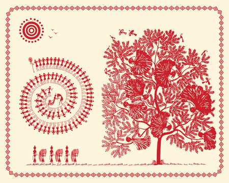 Scenic Rural Life: Traditional Warli Painting with Tree. Warli Village Art, Rural Scene Illustration, Traditional Indian Folk Painting.