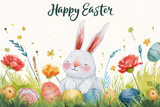postcard, watercolor children's drawing, with the text "Happy Easter!", with hares and eggs
