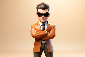 Young man in orange suit and sunglasses. 3D illustration. Cartoon style.