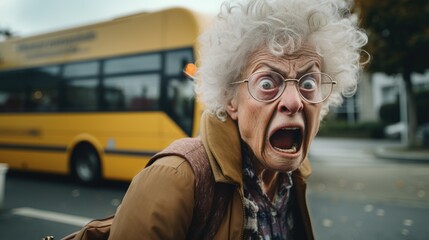 An older woman with white hair and glasses is making a face and screaming down the street. A yellow bus is in the background.