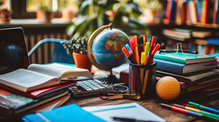 A meticulously arranged flat lay of educational materials including textbooks colorful markers a laptop and a vintage globe.