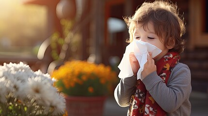 A boy blowing his nose into a tissue appears to be sick is a common occurrence during cold and allergy season.