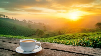 
Coffee cup or tea on wooden table over tea plantation background at sunset,