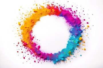 Colorful empty frame for text, Vivid Holi Festival Sale Banner, Explosion of Powder for Holiday Promotions or Birthday Events on white background.