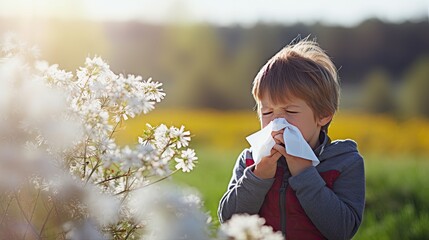 A boy blowing his nose into a tissue appears to be sick is a common occurrence during cold and allergy season. - obrazy, fototapety, plakaty