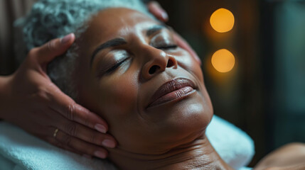 Elderly black woman enjoying facial massage at spa salon