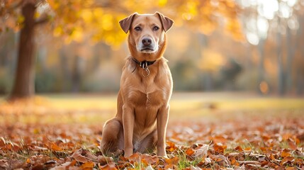 A beautiful mix breed dog sits outside on a fall day as he poses for a portrait - obrazy, fototapety, plakaty