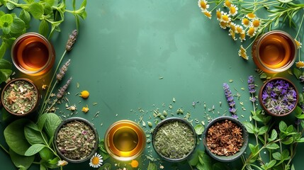 Blends of herbicides for tea and bath on a green backdrop for natural remedies space, Generative AI.