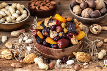 Nuts and dried fruit mix, healthy and wholesome food. Symbols of judaic holiday Tu Bishvat.	