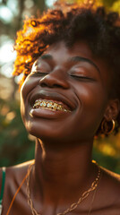 Black woman with joyful smile showing gold grillz dental jewelry