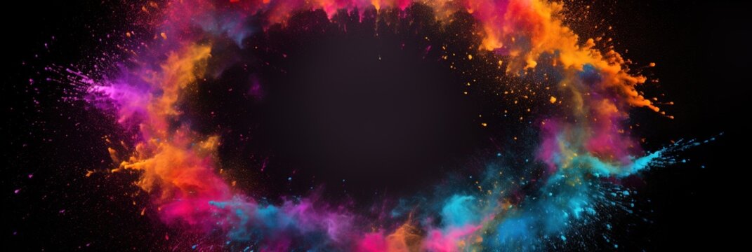 Colorful empty frame for text, Vivid Holi Festival Sale Banner, Explosion of Powder for Holiday Promotions or Birthday Events on black background.