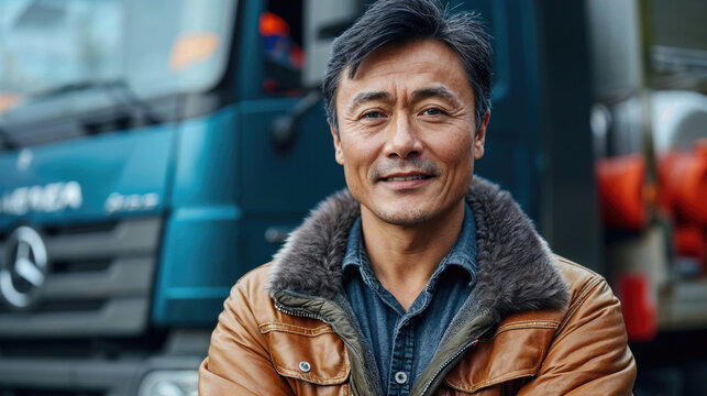 Mature truck driver in front of his vehicle, representing the face of urban freight transport with experience and reliability.