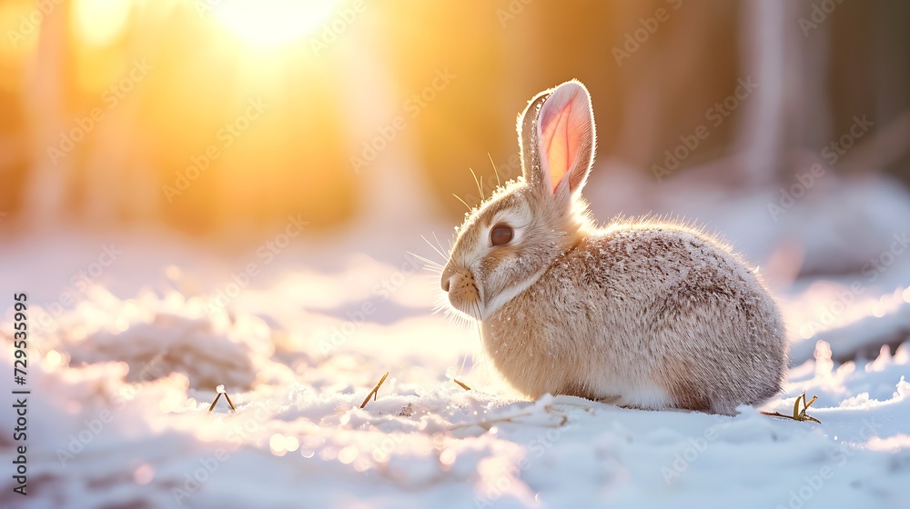 Wall mural A rabbit lit by the sunrise on a snowy field - Wall murals