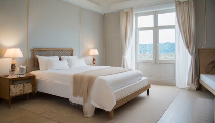 Fototapeta na wymiar bedroom in soft light colors big comfortable double bed in elegant classic bedroom at home