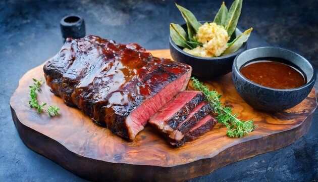 modern style traditional smoked barbecue wagyu beef brisket served as top view on a wooden design cutting board with louisiana sauce