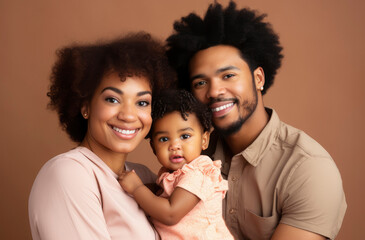 Young beautiful African American family, mom, dad and little child smiling and looking at the camera on a light background. Happy parents, motherhood, family, love, mother's day