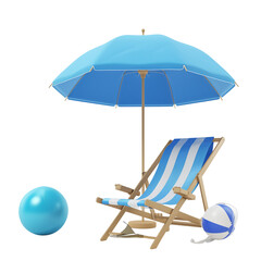 3d Beach Chair, Blue Umbrella and Ball, Summer holiday, Time to travel concept isolated on transparent background