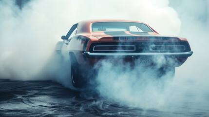 A muscle car performing a burnout smoke billowing from the tires.