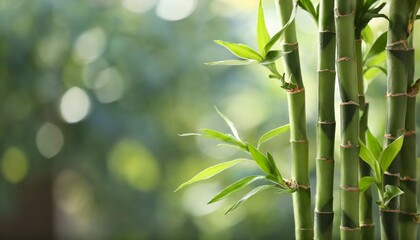 green bamboo stems on blurred background space for text